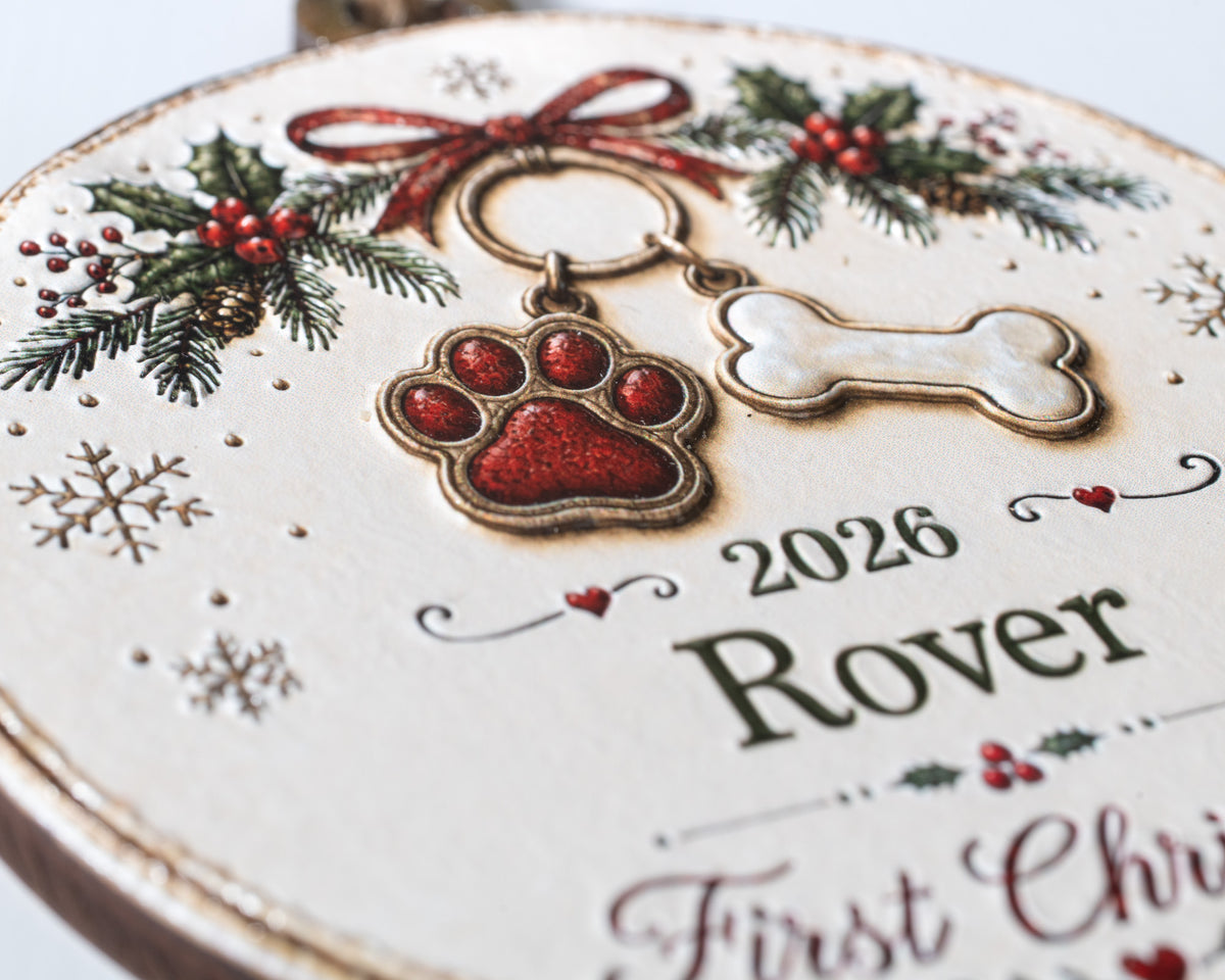 Personalized Dog's First Christmas Ornament – 3D Textured Design