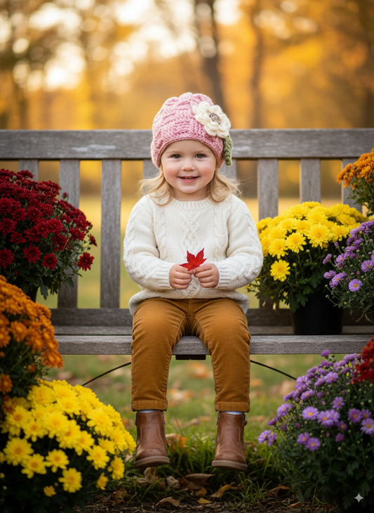 In-Stock 1-3 Year Waffle Beanie in Pink with 3 Interchangeable Flowers