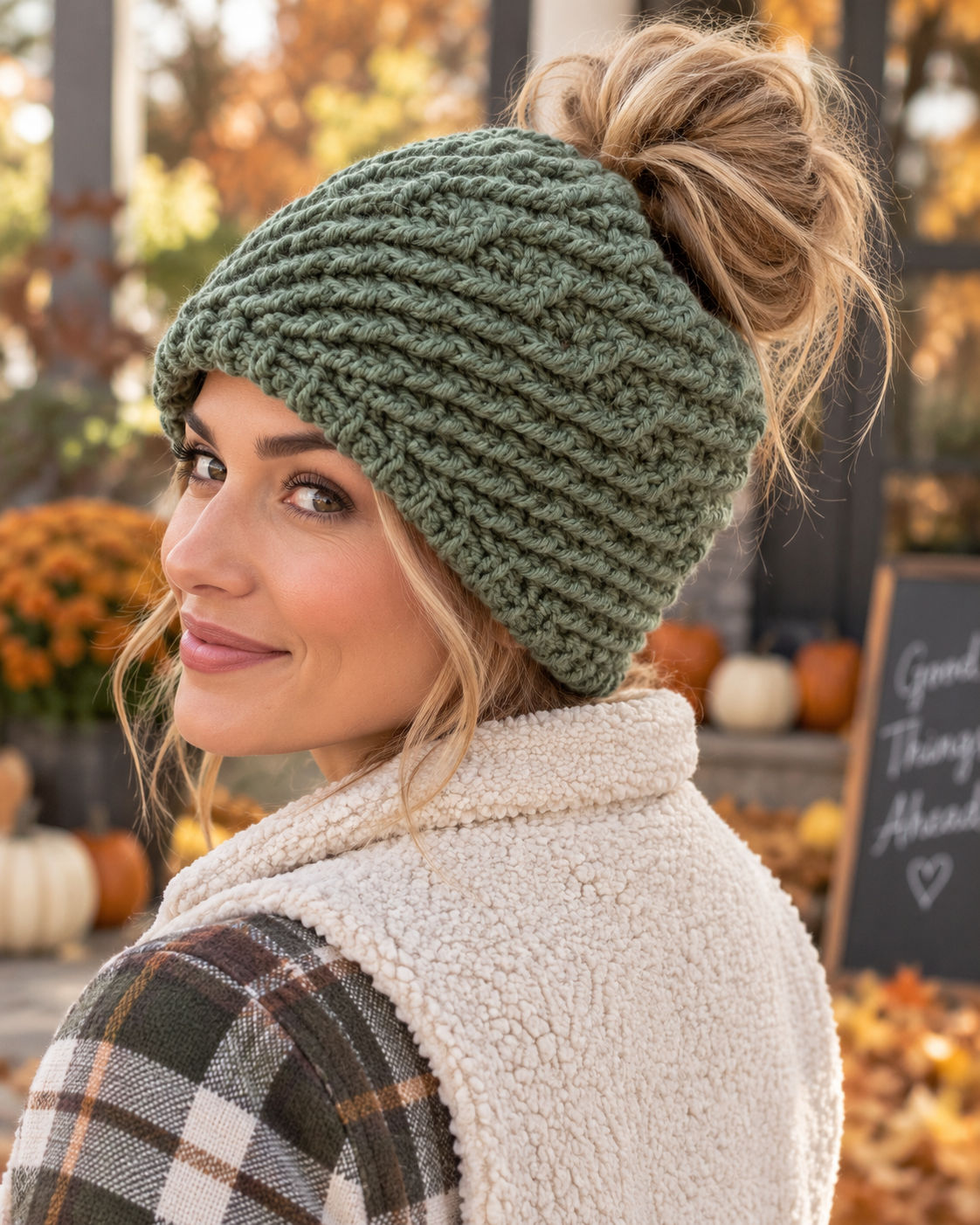 In-Stock Swirly Messy Bun Hat in Sage